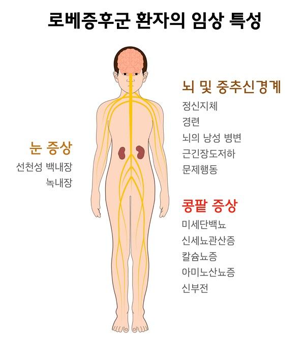 로베증후군 환자의 임상 특성. 눈 증상. 선천성 백내장, 녹내장. 뇌 및 중추신경계. 정신지체, 경련, 뇌의 낭성 병변, 근긴장도저하, 문제행동. 콩팥 증상. 미세단백뇨, 신세뇨관산증, 칼슘뇨증, 아미노산뇨증, 신부전