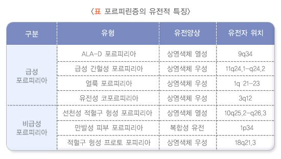 표 포르피린증의 유전적 특징
